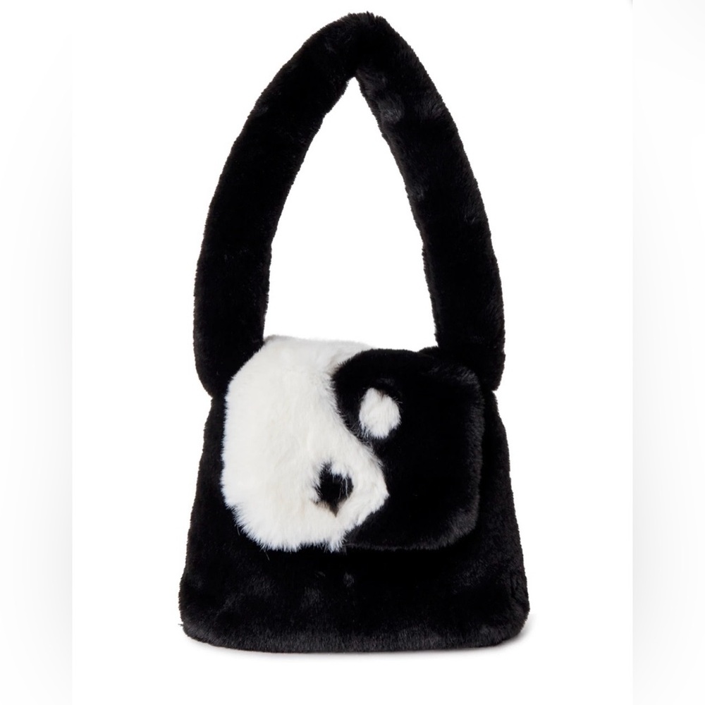 Y2K Plush Faux Fur Black White Yin Yang Shoulder Bag NWOT